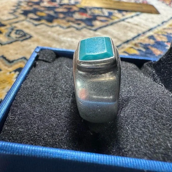 925 Sterling Silver Ring Turquoise Rectangle Signet Size 5.5 Chunky Brutalist